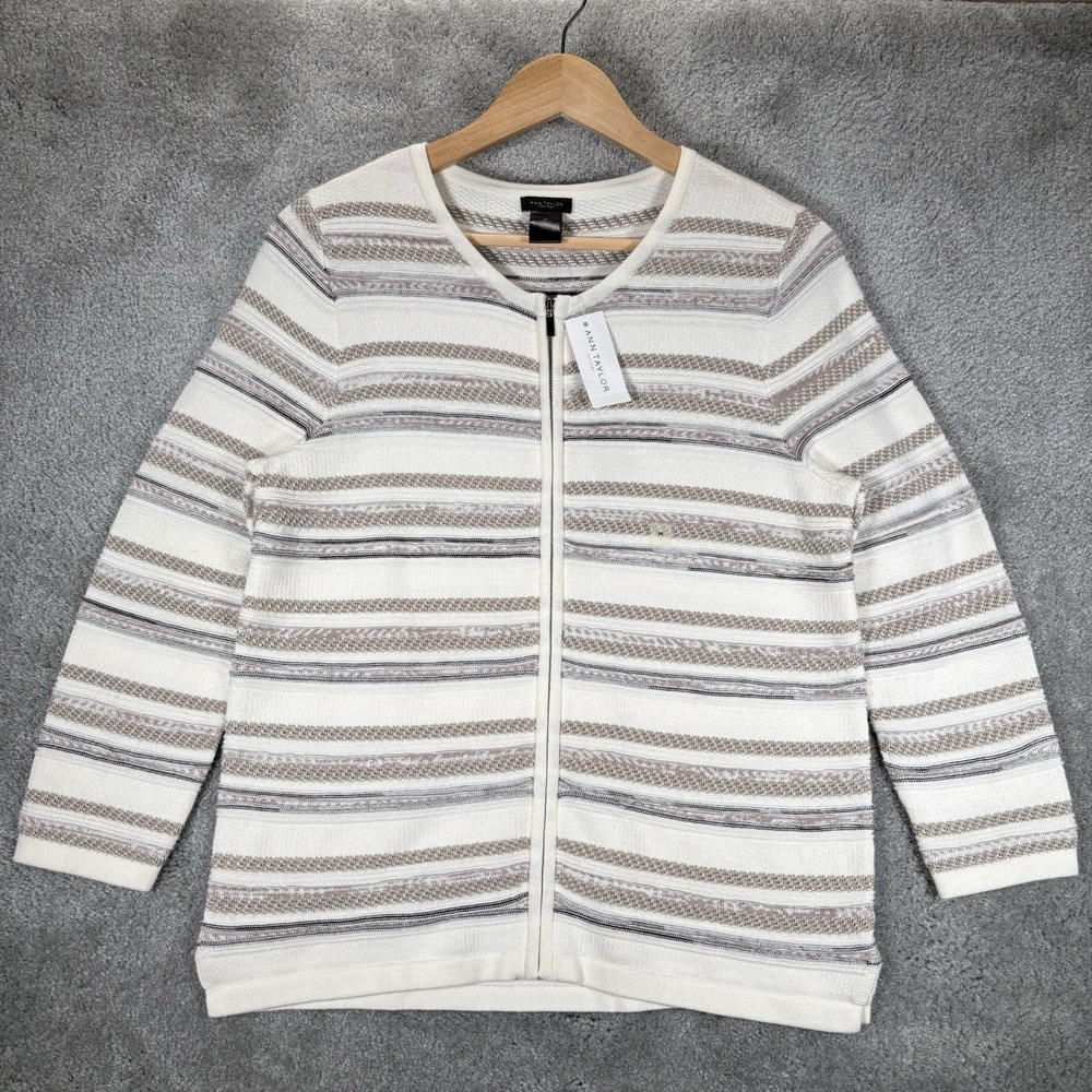 Ann Taylor Factory Sweater Womens M Cardigan Full Zip Ivory Striped Textured NWT